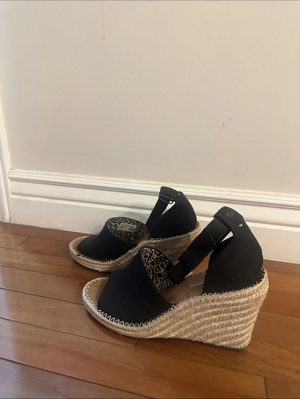 Toms Black Canvas Espadrille Wedge Sandals with Ankle Tie